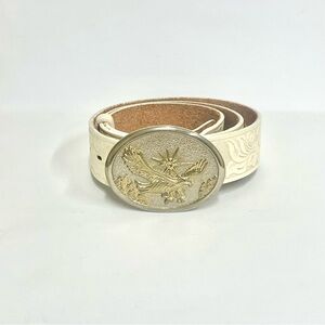 Vintage White Leather Square Dancing Belt Silver Tone Flying Eagle Belt Buckle ￼